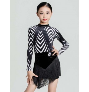 Black with white striped velvet fringe ballroom latin dance dresses for girls kids children salsa ballroom latin stage performance costumes for kids